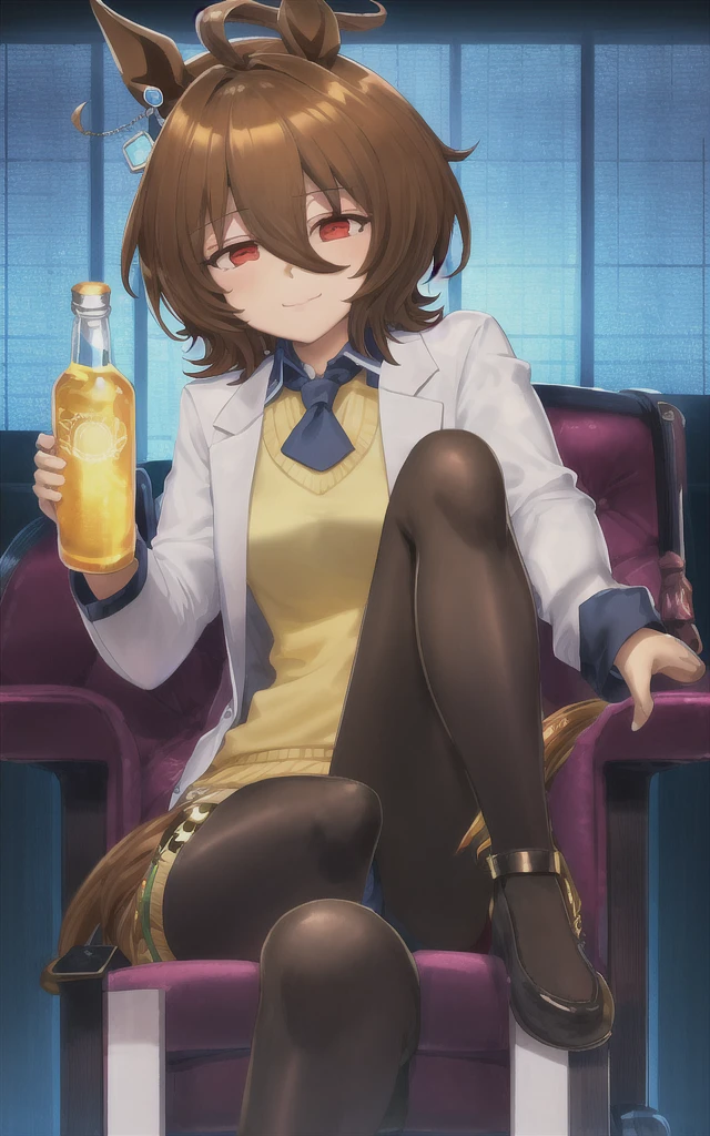 (masterpiece),(Highest quality),High resolution,(Very delicate and beautiful),(Very detailed), alone, Agent Tachyon \(umamusume\) Wearing an earring in one ear, Sleeves longer than the wrist, Collared shirt, Yellow sweater vest, Black Short Tie, Black pantyhose under a white open lab coat and vest with zipper. She is in a dark lab. She is sitting on a chair and holding a small bottle. Close your mouth and laugh softly,  View your viewers,Do the splits,パイパンPussy,pussy,Pussy,Crotch
