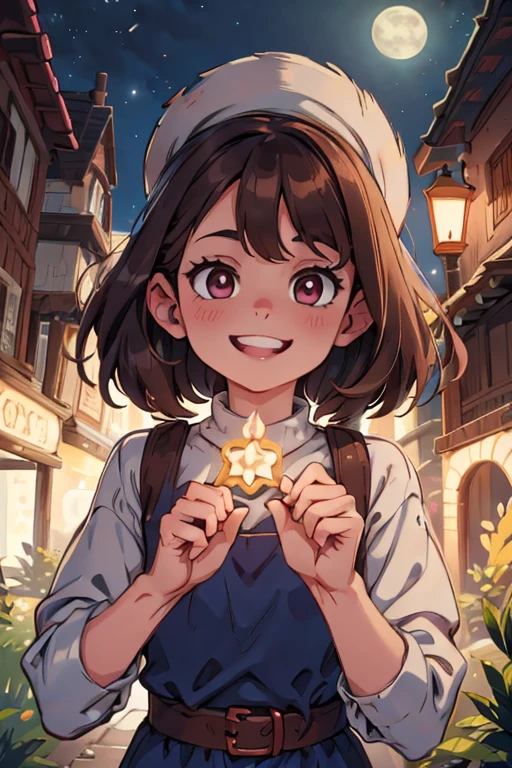 perfect face, perfect hands. A brown haired young witch with copper eyes in a navy is practicing magic at night with a smile