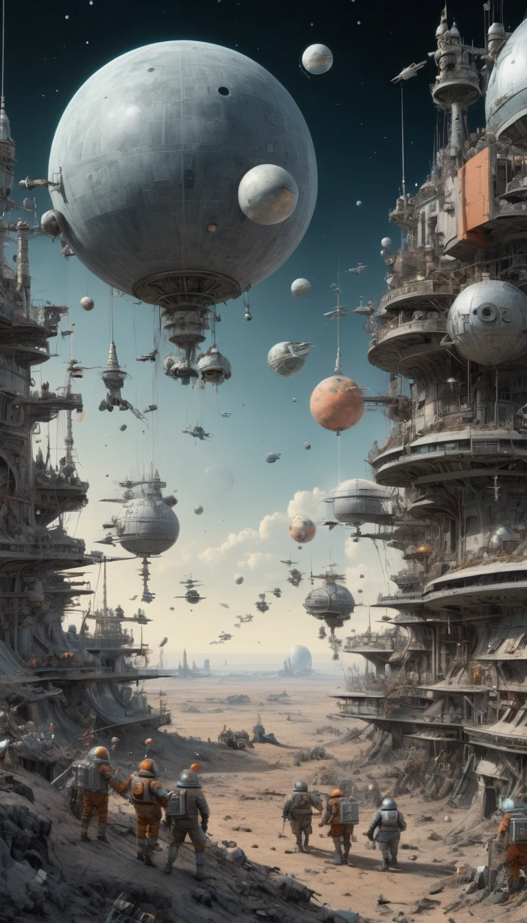 scene of space war,  inspired by W. Heath Robinson, best quality, masterpiece, Ultra high detail, 8k,(wide angle:1.5)