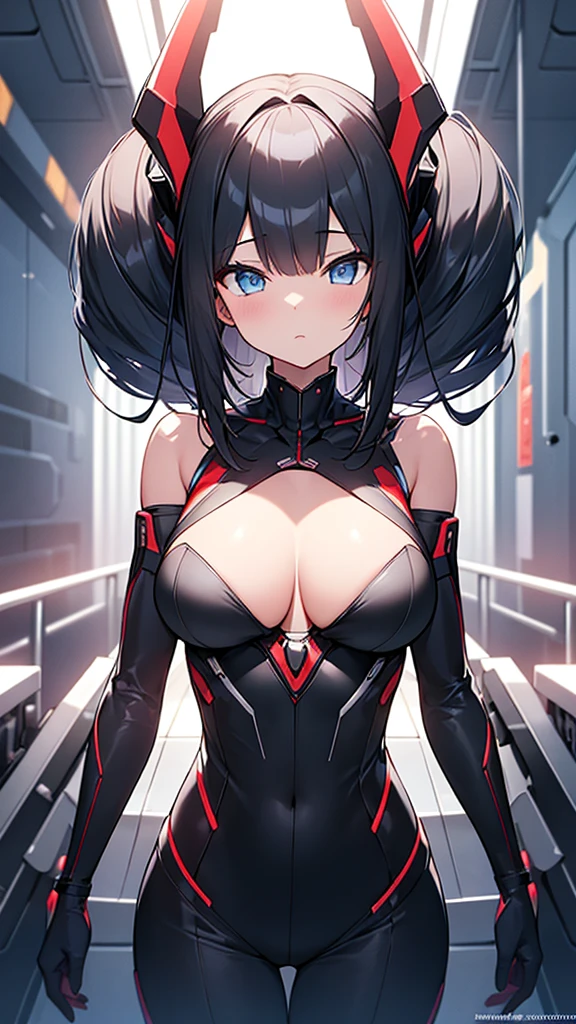 (Highly detailed CG Unity 8k wallpaper,masterpiece, Biological, whole body),(Best lighting, Best Shadow, Very delicate and beautiful),(One girl),blue eyes, Big Breasts, Black Hair,Red and black off-the-shoulder SF bodysuit,Neck Seal,High-tech sci-fi corridor, Dynamic pose, Detailed Machinery, Sleek design., {{An extraterrestrial lifeform preys on girls and takes their place、Her breasts are bigger than a real girl's}}, Unknown sensation, Feels good, Vigorous movement, more, instinct, Female fall, Bouncing chest, loose, loose, I put the bones of the girls I preyed on in my locker., NSFW