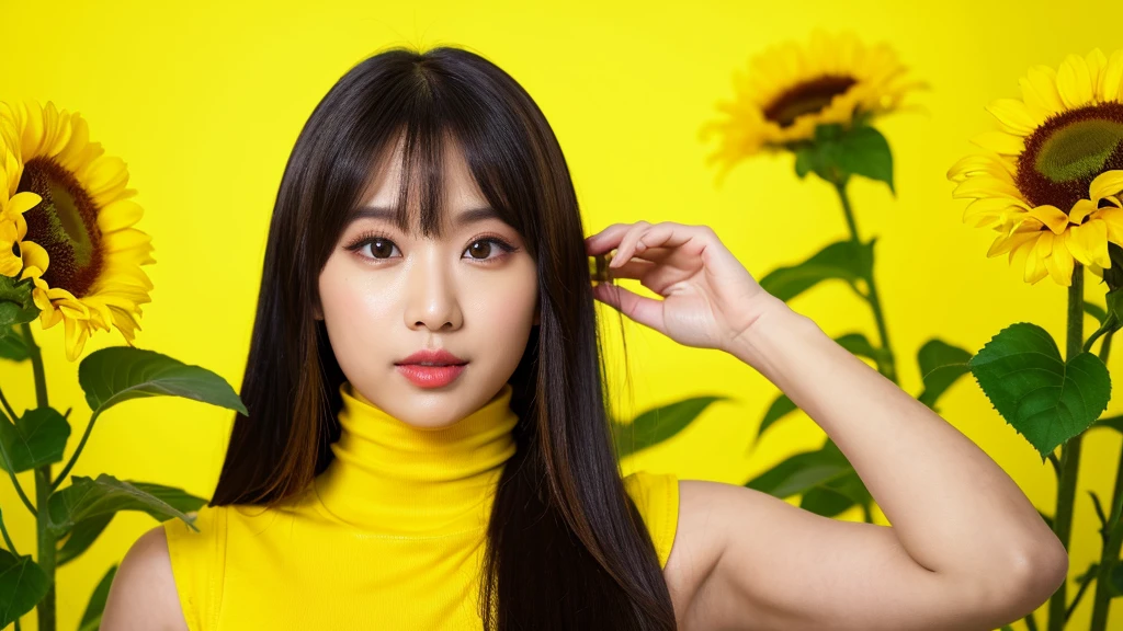 sunflower,(Detailed face),vivid,((Yellow Background)),cute,Sleeveless and(turtleneck)Yellow silky clothes,4K ,Ultra-high resolution,(Photorealistic:1.7),Long black hair,