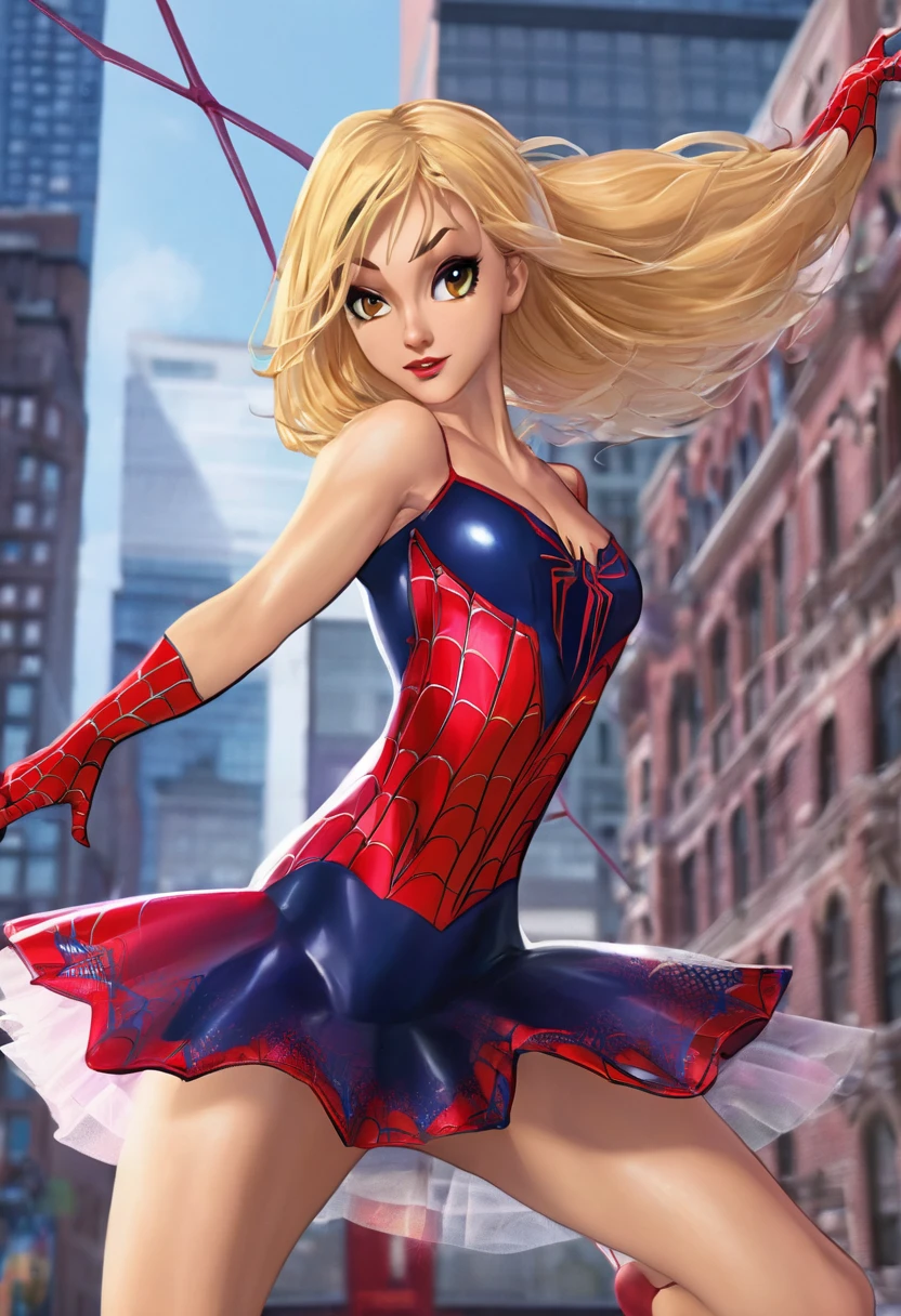 chica anime con traje de spiderman inspired en una bailarina de ballet (inspired, but igyak still maintains the spiderwoman essence) The girl is blonde and the shot is full body. The girl is saving the city and she is voluptuous if the costume consists of a short tutu, and it is completely covered