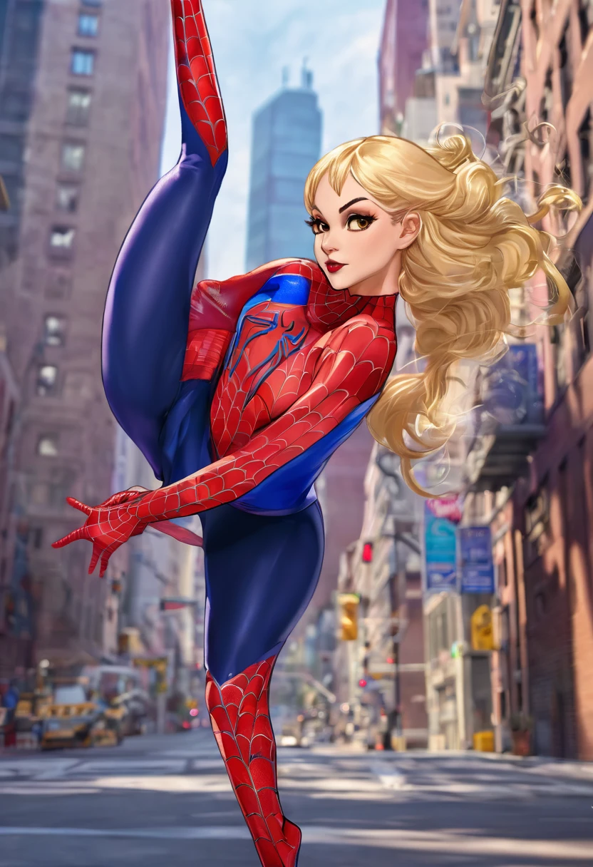 chica anime con traje de spiderman inspired en una bailarina de ballet (inspired, but igyak still maintains the spiderwoman essence) The girl is blonde and the shot is full body. The girl is saving the city and she is voluptuous if the costume consists of a short tutu, and it is completely covered