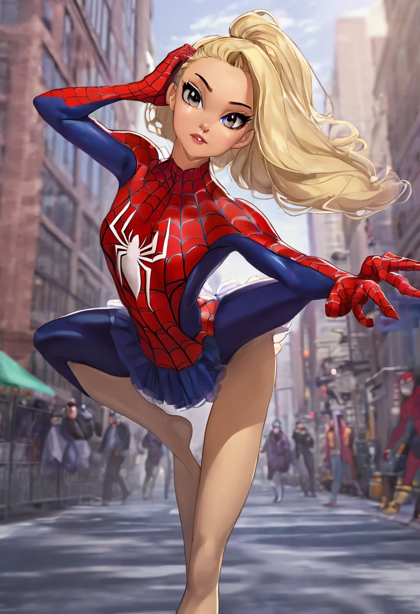 chica anime con traje de spiderman inspired en una bailarina de ballet (inspired, but igyak still maintains the spiderwoman essence) The girl is blonde and the shot is full body. The girl is saving the city and she is voluptuous if the costume consists of a short tutu, and it is completely covered 