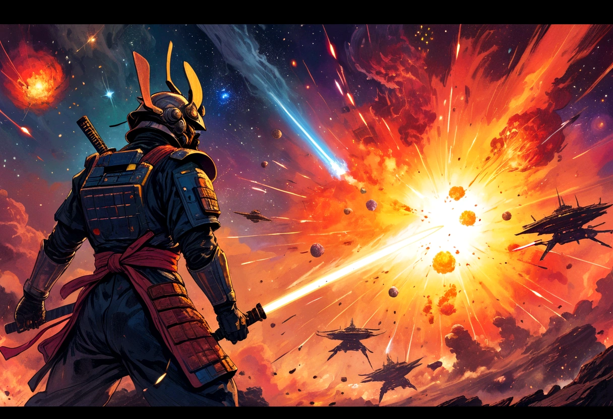 cosmic astronaut samurai, epic space battle, gritty, 1980s heavy metal style, space ships, blasts, explosions, sense of movement and energy, intense, too real, high tension, maximal, nuanced, expressive, rough-sketch