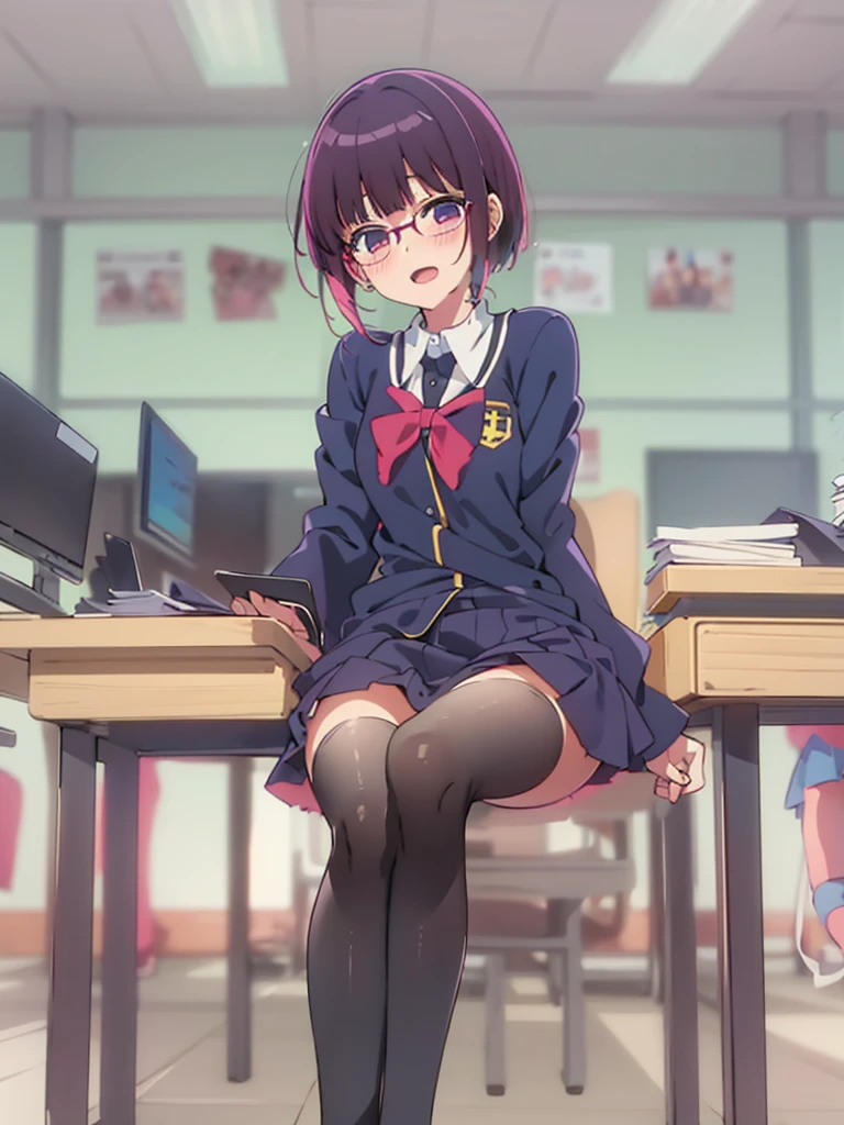 (((Anime Style,Arima Kana,1 person,uniform,classroom,Sit cross-legged at a desk,blush,Laughter,touch))),((Shooting from below,Black knee socks,Black underwear,Panty shot,Shot in close-up))