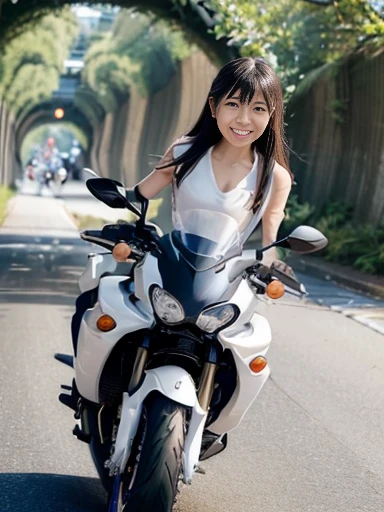 Japanese female, a lot of details, (underweight), 30 years old, detailed black hair, beautiful detailed hair, super fucking beautiful, delicate beautiful face, complex details beautiful and delicate eyes, perfect hands, (flat chest best quality:1.5), perfect and delicate limbs, detailed skin, best quality, ultra-detailed,(cheerful grin:1.5),
(tunnel:1.4), (yamaha motorcycle), (riding yamaha motorcycle:1.4), (running on a motorcycle:1.4), (white t-shirt), (denim shorts), japanese, outside, closeup shot, from front, low angle shot, wide shot