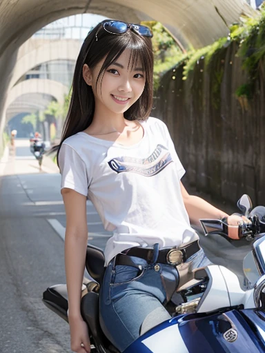 Japanese female, a lot of details, (underweight), 30 years old, detailed black hair, beautiful detailed hair, super fucking beautiful, delicate beautiful face, complex details beautiful and delicate eyes, perfect hands, (flat chest best quality:1.5), perfect and delicate limbs, detailed skin, best quality, ultra-detailed,(cheerful grin:1.5),
(tunnel:1.4), (yamaha motorcycle), (riding yamaha motorcycle:1.4), (running on a motorcycle:1.4), (white t-shirt), (denim shorts), japanese, outside, closeup shot, from front, low angle shot, wide shot