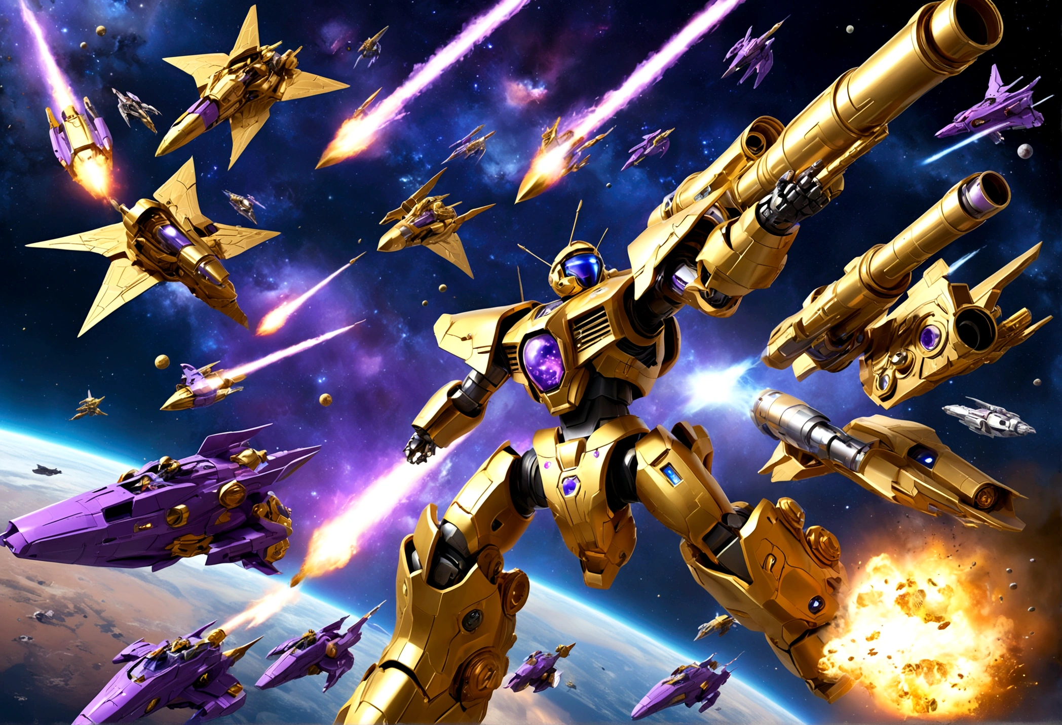 (A group of space warships themed around gold and religious motifs and angels) is in a shooting space battle with a force of cold robotic foes (violet and chrome color scheme, big cannons, humanoids giant robots) Deep space battle, lots of stars, small fighteer craft explode and fight one another as the big ships launch devastating volleys at one another