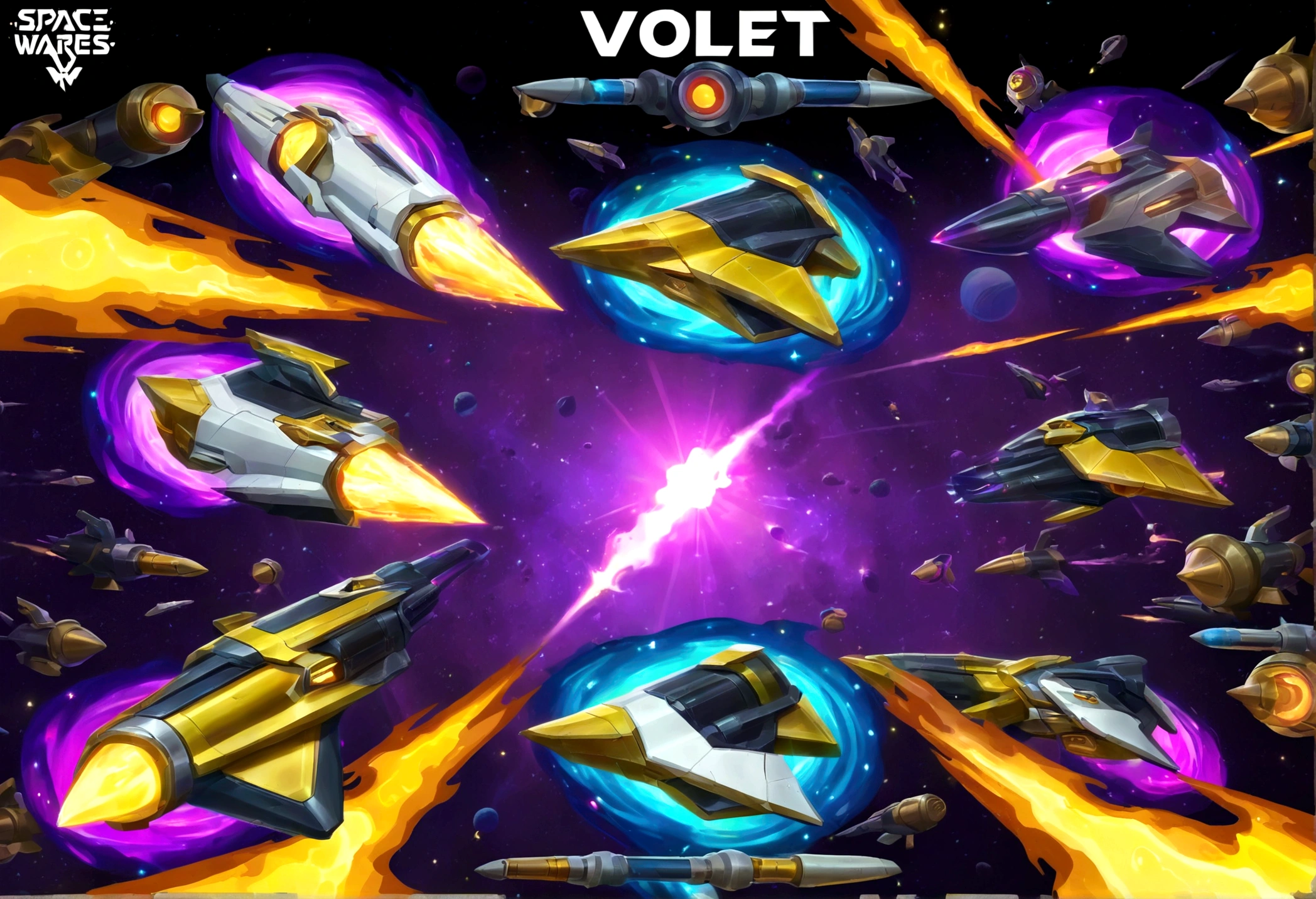(A group of space warships themed around gold and religious motifs and angels) is in a shooting space battle with a force of cold robotic foes (violet and chrome color scheme, big cannons, humanoids giant robots) Deep space battle, lots of stars, small fighteer craft explode and fight one another as the big ships launch devastating volleys at one another