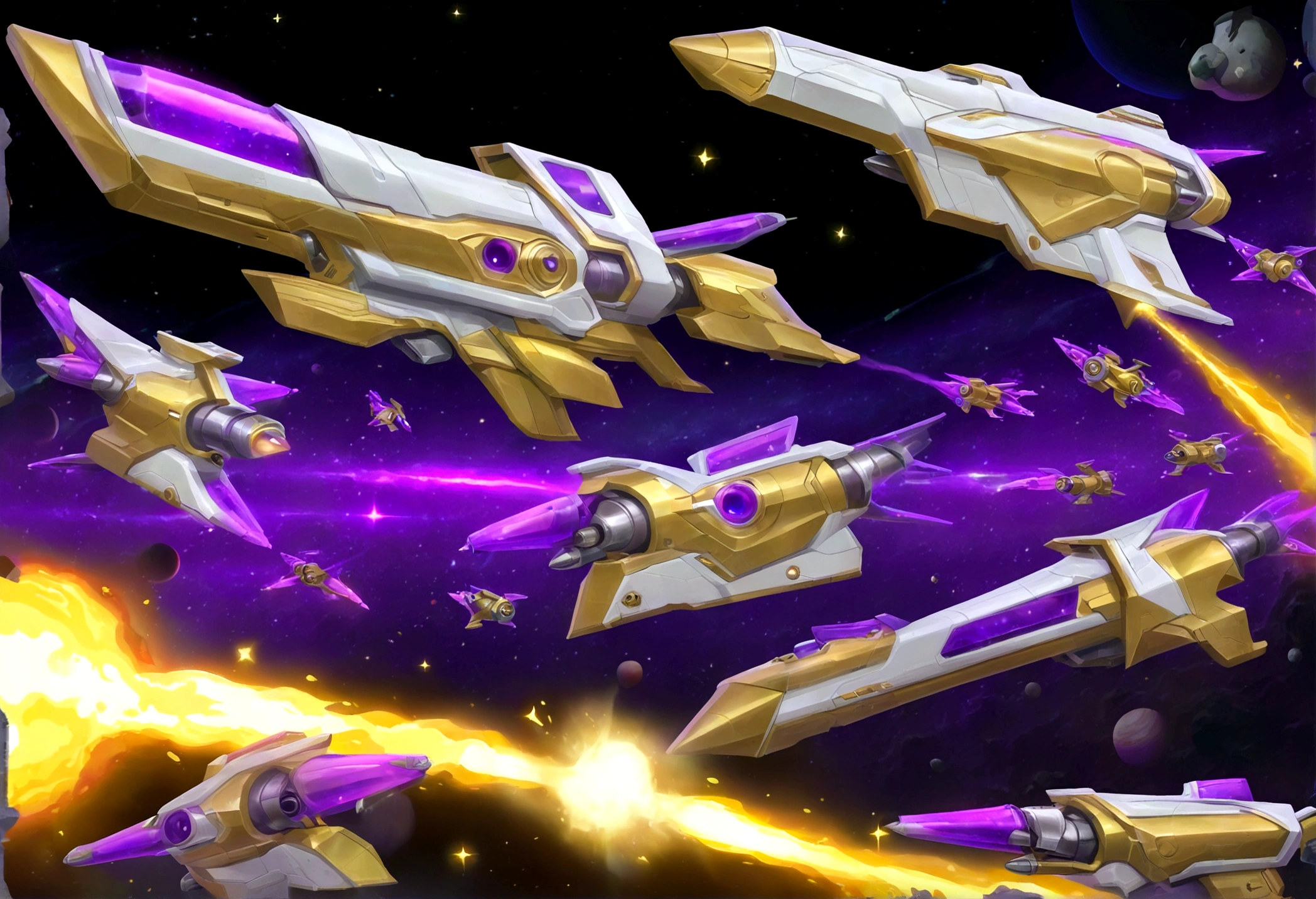 (A group of space warships themed around gold and religious motifs and angels) is in a shooting space battle with a force of cold robotic foes (violet and chrome color scheme, big cannons, humanoids giant robots) Deep space battle, lots of stars, small fighteer craft explode and fight one another as the big ships launch devastating volleys at one another