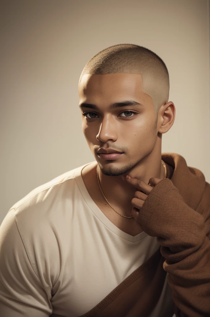 a young brown-skinned man with blond buzz cut hair