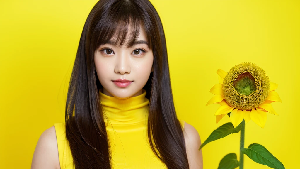 sunflower,(Detailed face),vivid,((Yellow Background)),cute,Sleeveless and(turtleneck)Yellow silky clothes,4K ,Ultra-high resolution,(Photorealistic:1.7),Long black hair,
