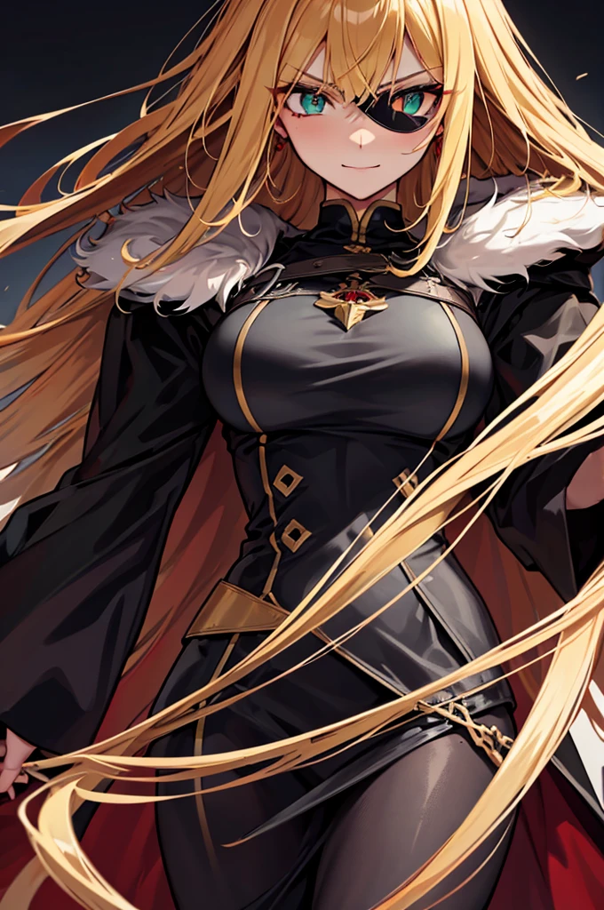 ((masterpiece)), ((best quality)), 1girl, adult, long hair, ((blonde hair)), very long blonde hair, ((intimidant look)), ((close-up)), profile image, green eyes, black and red clothes, sexy, dark colors, brillant eyes, ((coat with fur)), ((wavy hair)), exposed skin, ((sexy pose)), ((intimidant look)), good anatomy, ((dark sage clothes)), ((straight cut bangs)), emotionless, intimidant, ((beautiful eyes)), dark background, close up, ((detailed eyes)), beautiful eyes, ((detailed face)), hair bang, frontal look, evil, relaxed, smile, magical goddess othinus, detailed face, eyepatch, full body, ((detailed))