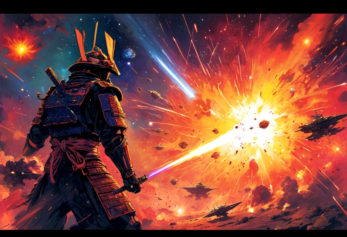 cosmic astronaut samurai, epic space battle, gritty, 1980s heavy metal style, space ships, blasts, explosions, sense of movement and energy, intense, too real, high tension, maximal, nuanced, expressive, rough-sketch