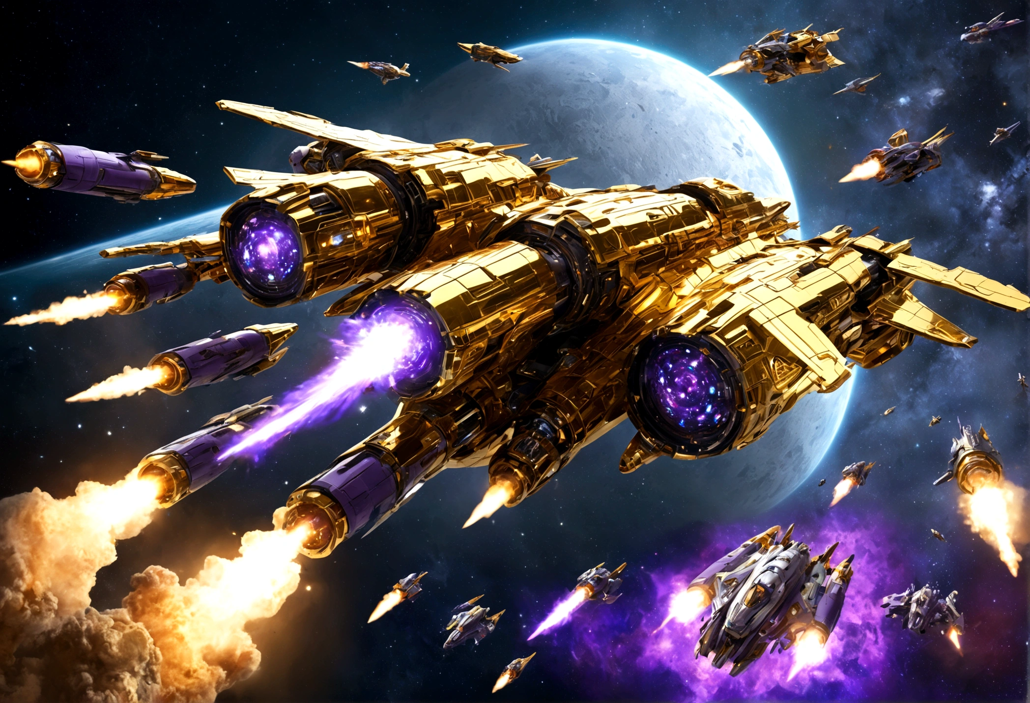 (A group of space warships themed around gold and religious motifs and angels) is in a shooting space battle with a force of cold robotic foes (violet and chrome color scheme, big cannons, humanoids giant robots) Deep space battle, lots of stars, small fighteer craft explode and fight one another as the big ships launch devastating volleys at one another