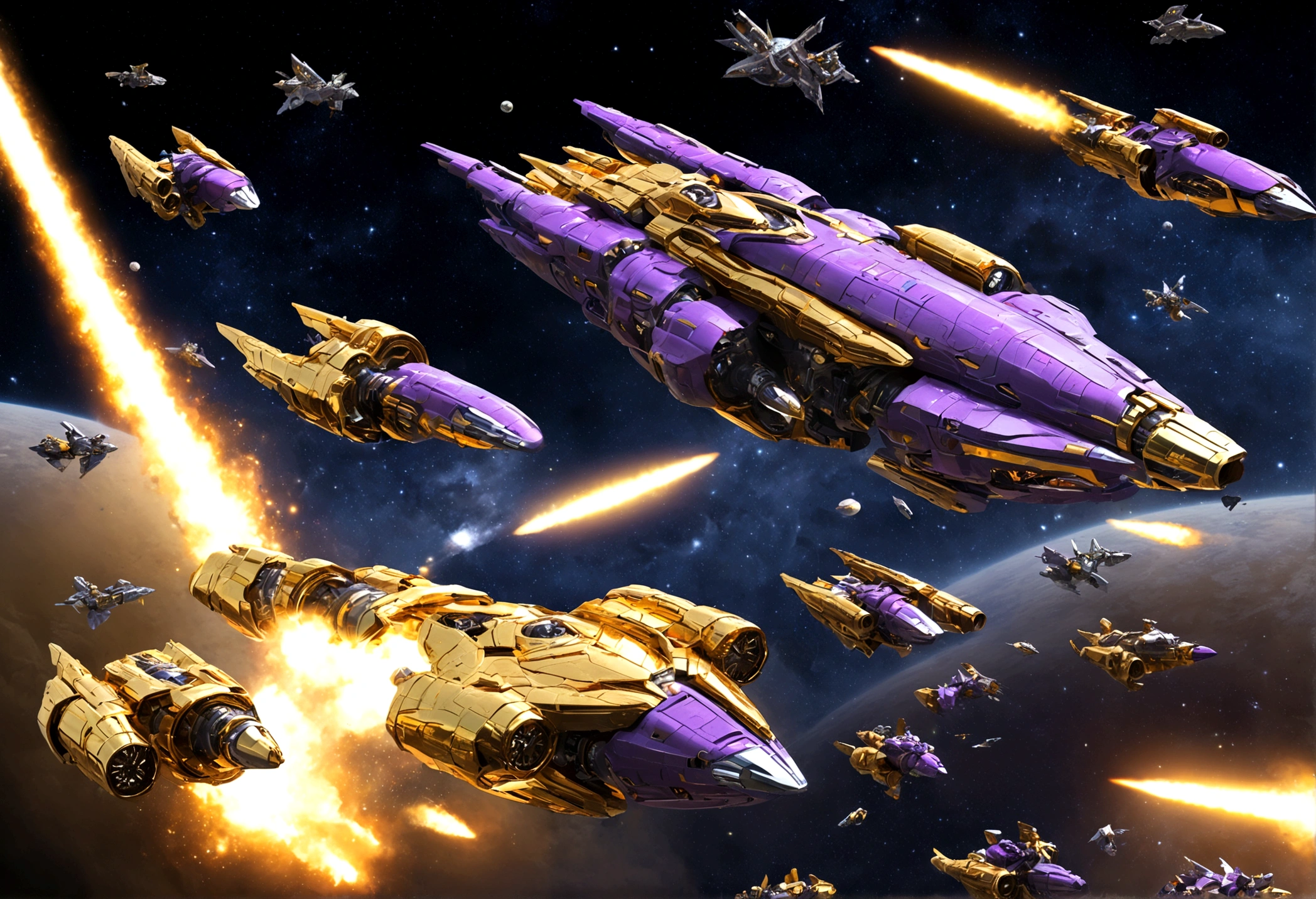 (A group of space warships themed around gold and religious motifs and angels) is in a shooting space battle with a force of cold robotic foes (violet and chrome color scheme, big cannons, humanoids giant robots) Deep space battle, lots of stars, small fighteer craft explode and fight one another as the big ships launch devastating volleys at one another
