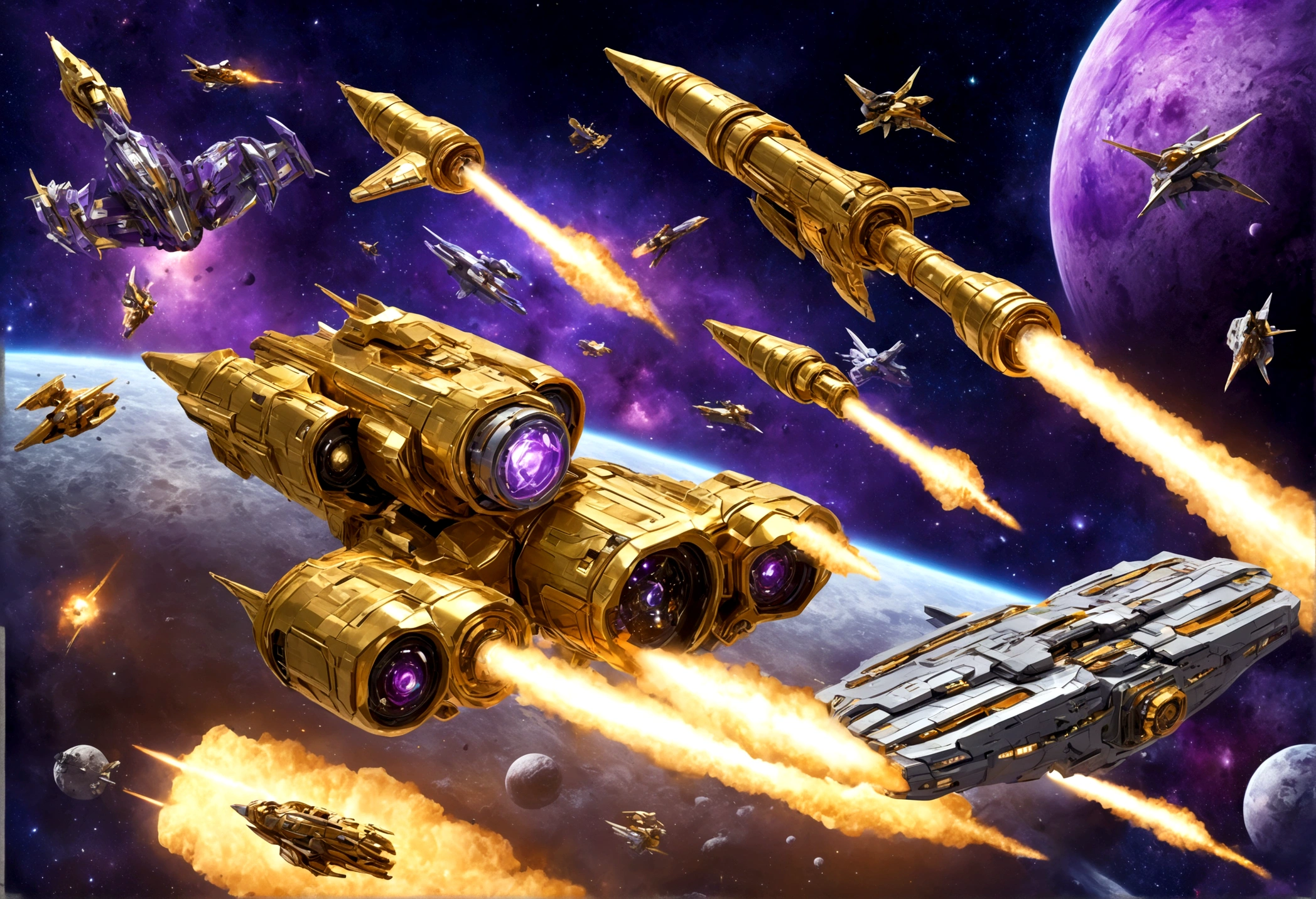 (A group of space warships themed around gold and religious motifs and angels) is in a shooting space battle with a force of cold robotic foes (violet and chrome color scheme, big cannons, humanoids giant robots) Deep space battle, lots of stars, small fighteer craft explode and fight one another as the big ships launch devastating volleys at one another