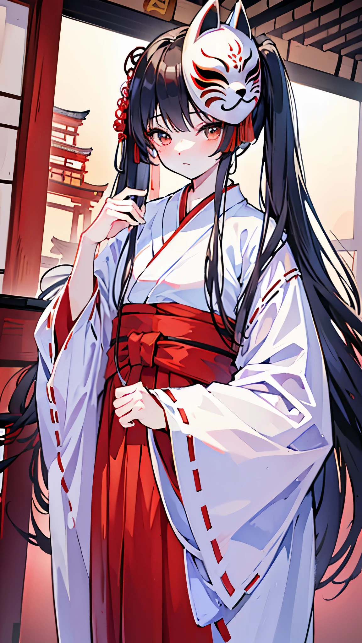 (masterpiece、Highest quality、Very detailed))、One girl、Black Hair、Long Hair、twintails、((kitsune-mask))、Small breastiko、((White kimono))、((Red Hakama))、Cowboy Shot、shrine