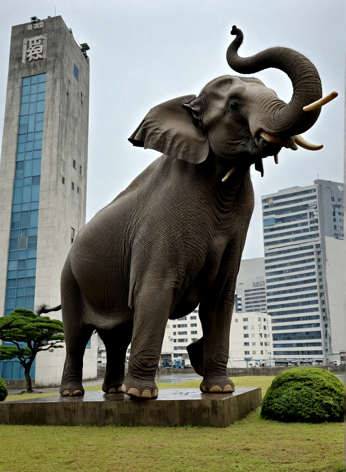 there is a poster with an elephant in front of a building, Beasts, Aoshima, elephant, Spectacular!, iron, Vivid!!, [ Realistic photos ]!!, 8 time, flying elephant, iPhone Capture, Kumamoto, Happy!!!, dynamic!!, by Kinichiro Ishikawa, Mammoth, male!!, it&#39;s raining!!, Surreal!!!, 8