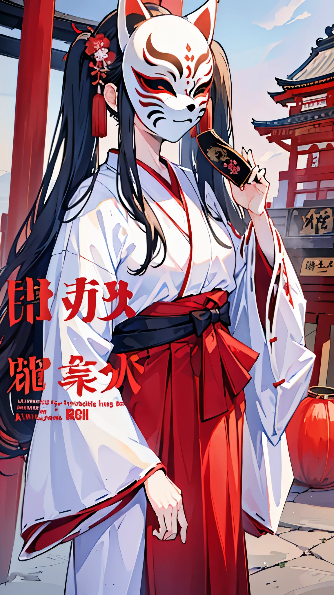 (masterpiece、Highest quality、Very detailed))、One girl、Black Hair、Long Hair、twintails、((kitsune-mask))、((Cover your face))、Small breastiko、((White kimono))、((Red Hakama))、Cowboy Shot、shrine
