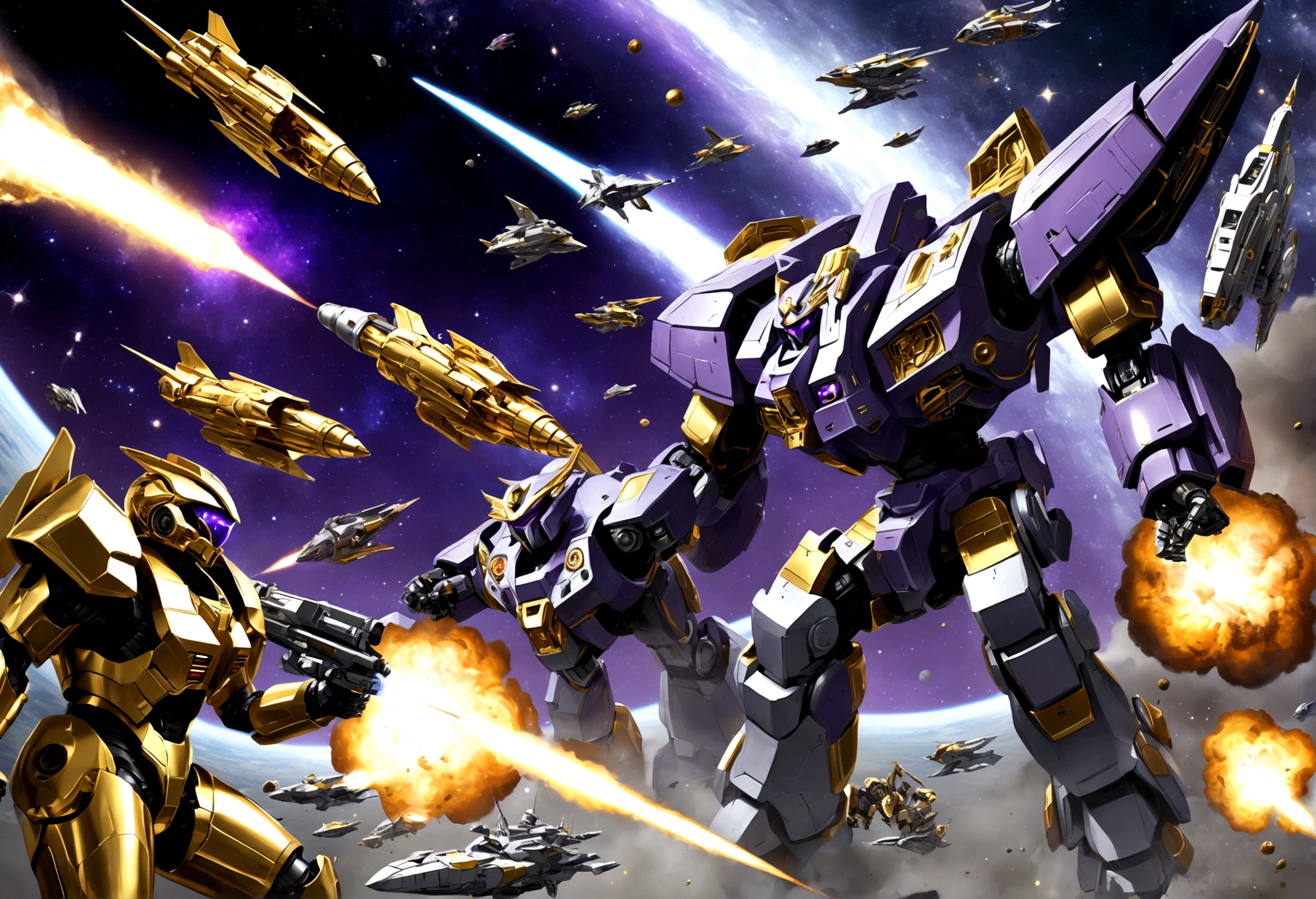 (A group of space warships themed around gold and religious motifs and angels) is in a shooting space battle with a force of cold robotic foes (violet and chrome color scheme, big cannons, humanoids giant robots) Deep space battle, lots of stars, small fighteer craft explode and fight one another as the big ships launch devastating volleys at one another