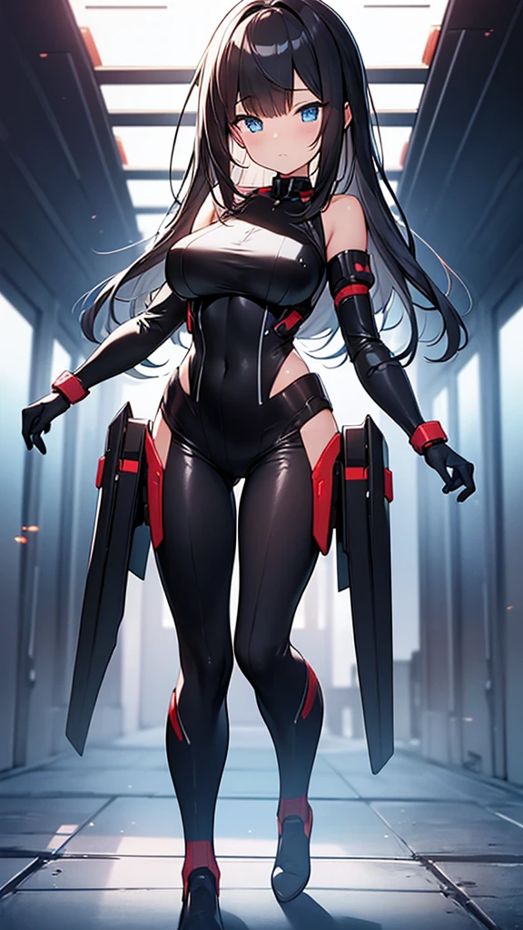 (Highly detailed CG Unity 8k wallpaper,masterpiece, Biological, whole body),(Best lighting, Best Shadow, Very delicate and beautiful),(One girl),blue eyes, Big Breasts, Black Hair,Red and black off-the-shoulder SF bodysuit,Neck Seal,High-tech sci-fi corridor, Dynamic pose, Detailed Machinery, Sleek design., {{An extraterrestrial lifeform preys on girls and takes their place、Her breasts are bigger than a real girl&#39;s}}, Unknown sensation, Feels good, Vigorous movement, more, instinct, Female fall, Bouncing chest, loose, loose, I put the bones of the girls I preyed on in my locker., NSFW