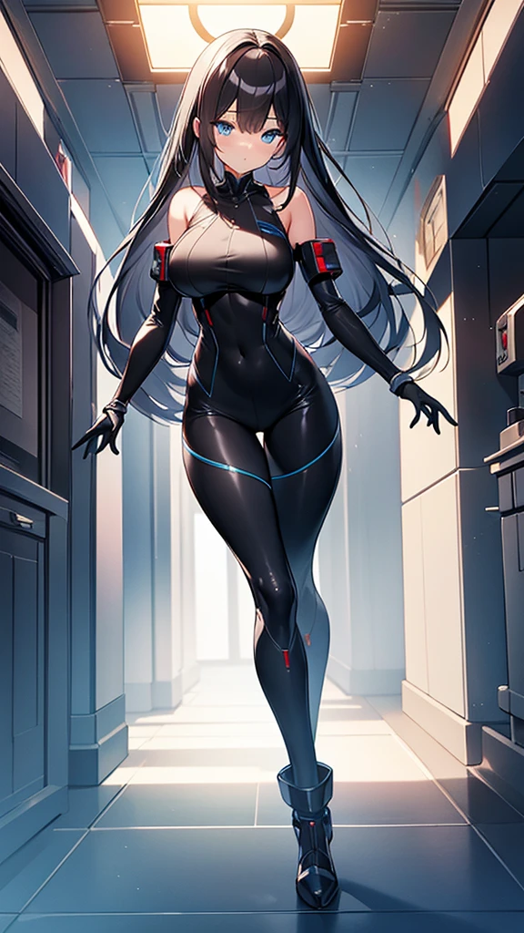 (Highly detailed CG Unity 8k wallpaper,masterpiece, Biological, whole body),(Best lighting, Best Shadow, Very delicate and beautiful),(One girl),blue eyes, Big Breasts, Black Hair,Red and black off-the-shoulder SF bodysuit,Neck Seal,High-tech sci-fi corridor, Dynamic pose, Detailed Machinery, Sleek design., {{An extraterrestrial lifeform preys on girls and takes their place、Her breasts are bigger than a real girl&#39;s}}, Unknown sensation, Feels good, Vigorous movement, more, instinct, Female fall, Bouncing chest, loose, loose, I put the bones of the girls I preyed on in my locker., NSFW