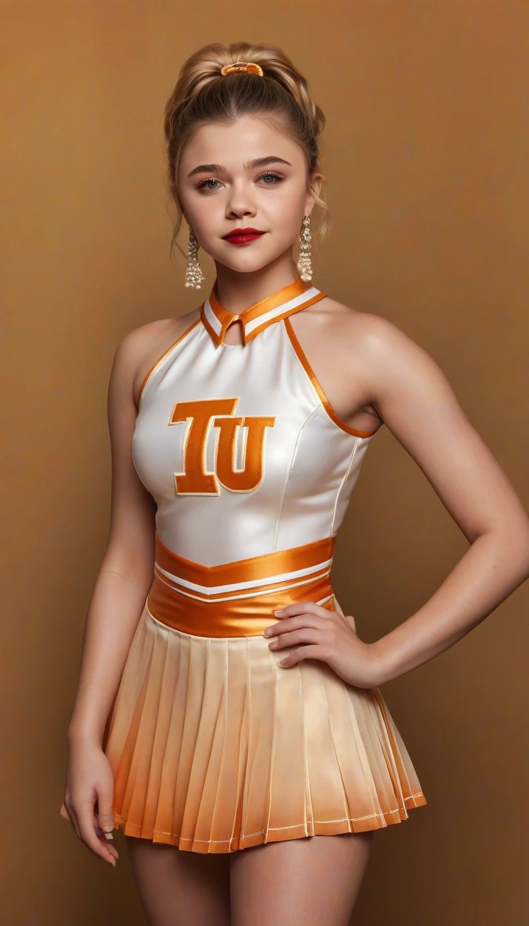 1girl, full length portrait, 9:16 aspect ratio, wide angle lens, Chloe Moretz, University of Tennessee cheerleader uniform, pleated minidress by Addidas, sheer shiny shimmering silky tan pantyhose by L'eggs, 5 inch white high heeled pumps by Louis Vuitton, holding pompoms, studio photo shoot, red lipstick, long dangling earrings, hair in pigtails, glamor photo shoot, detailed face, beautiful detailed eyes, beautiful detailed lips, extremely detailed eyes and face, long eyelashes, (best quality,4k,8k,highres,masterpiece:1.2),ultra-detailed,(realistic,photorealistic,photo-realistic:1.37),HDR,UHD,studio lighting,ultra-fine painting,sharp focus,physically-based rendering,extreme detail description,professional,vivid colors,bokeh