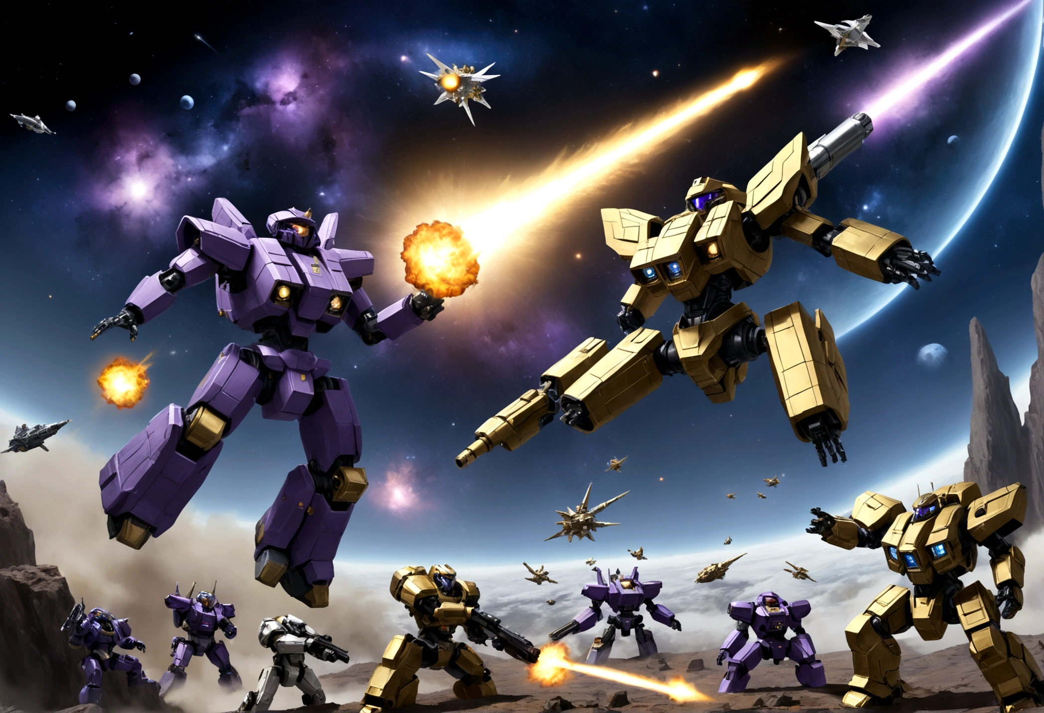 (A group of space warships themed around gold and religious motifs and angels) is in a shooting space battle with a force of cold robotic foes (violet and chrome color scheme, big cannons, humanoids giant robots) Deep space battle, lots of stars, small fighteer craft explode and fight one another as the big ships launch devastating volleys at one another