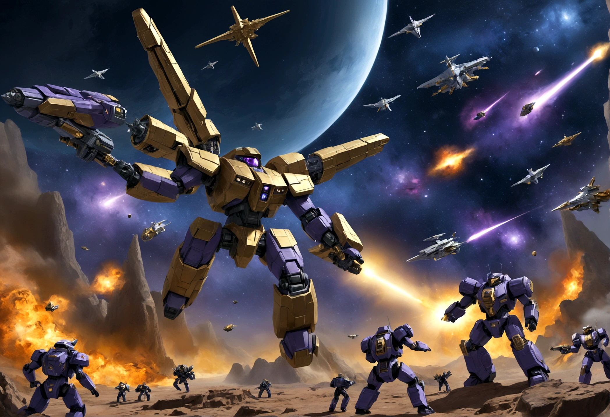 (A group of space warships themed around gold and religious motifs and angels) is in a shooting space battle with a force of cold robotic foes (violet and chrome color scheme, big cannons, humanoids giant robots) Deep space battle, lots of stars, small fighteer craft explode and fight one another as the big ships launch devastating volleys at one another