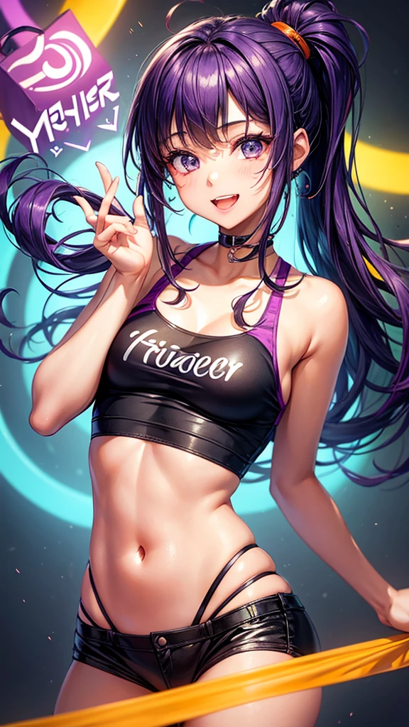 A 20-year-old girl who encourages fun, creativity and passion with orange and purple colors and that has letters that say: Ruizter.