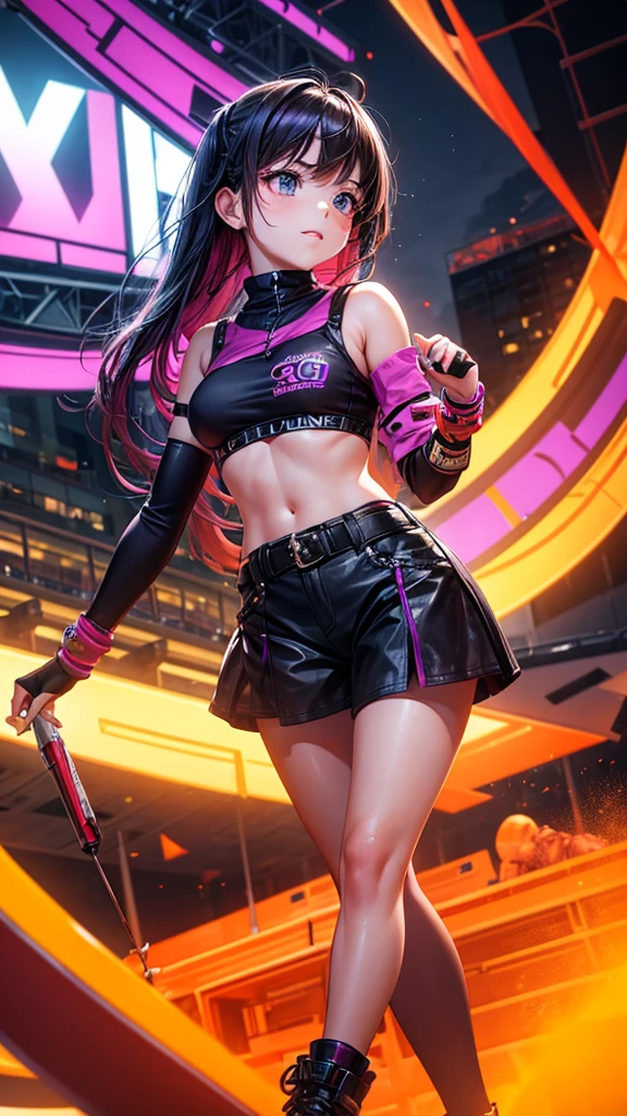A 20-year-old girl who encourages fun, creativity and passion with orange and purple colors and that has letters that say: Ruizter.