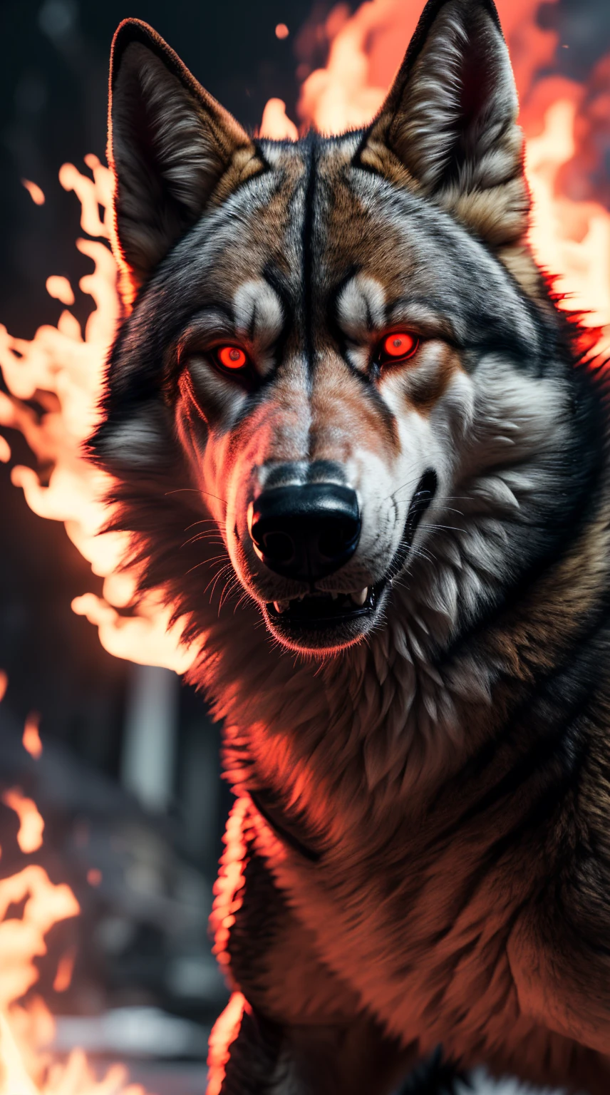 (best quality,16k,32k,highres,masterpiece:1.2),ultra-detailed,(realistic,photorealistic,photo-realistic:1.37),(ultimate Orochi Czechoslovakian wolfdog) glowing red eyes realistic fire background of totally destroyed Japan on fire alone looking at the camera serious expression.