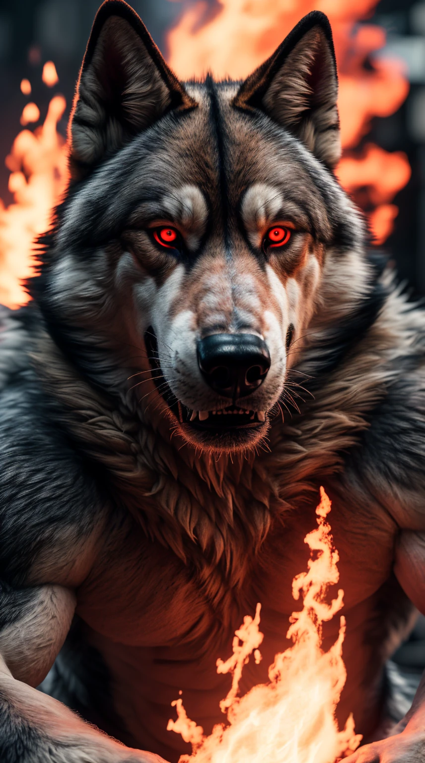 (best quality,16k,32k,highres,masterpiece:1.2),ultra-detailed,(realistic,photorealistic,photo-realistic:1.37),(ultimate Orochi Czechoslovakian wolfdog) glowing red eyes realistic fire background of totally destroyed Japan on fire alone looking at the camera serious expression.