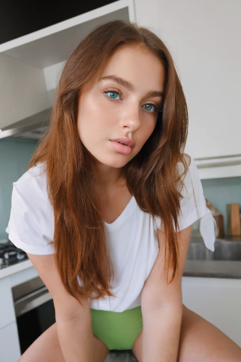 a close up of a woman with long hair and a white shirt, portrait sophie mudd, 18 years old, gorgeous young model, perfect face ), very pretty model, brown hair and large eyes, extremely beautiful face, gorgeous face, beautiful model, beautiful model girl, beautiful young girl, sexy girl with green eyes, angelina stroganova, very pretty face. old woman, redhead, blue eyes, sitting on a kitchen stool, frontal photo, in panties, legs open, provocative pose, looking at the viewer and facing him