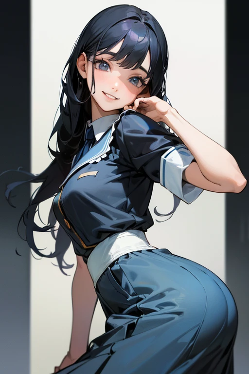 (Highest Resolution, clear_image) Highest quality, Single, One Woman, alone, masterpiece, Very detailed, Semi-realistic, Black Hairのショートヘア, Black Hair, bangs, 18-year-old, mature, light blue uniform, uniform, Indoor Background, kind, Authoritative, Powerful, exquisite features, exquisite features、Eyelashes become longer、Showing teeth、smile😀、Maid clothes、reference、Put your hands on your hippie skirt、Upward glance、Boom in the ass、