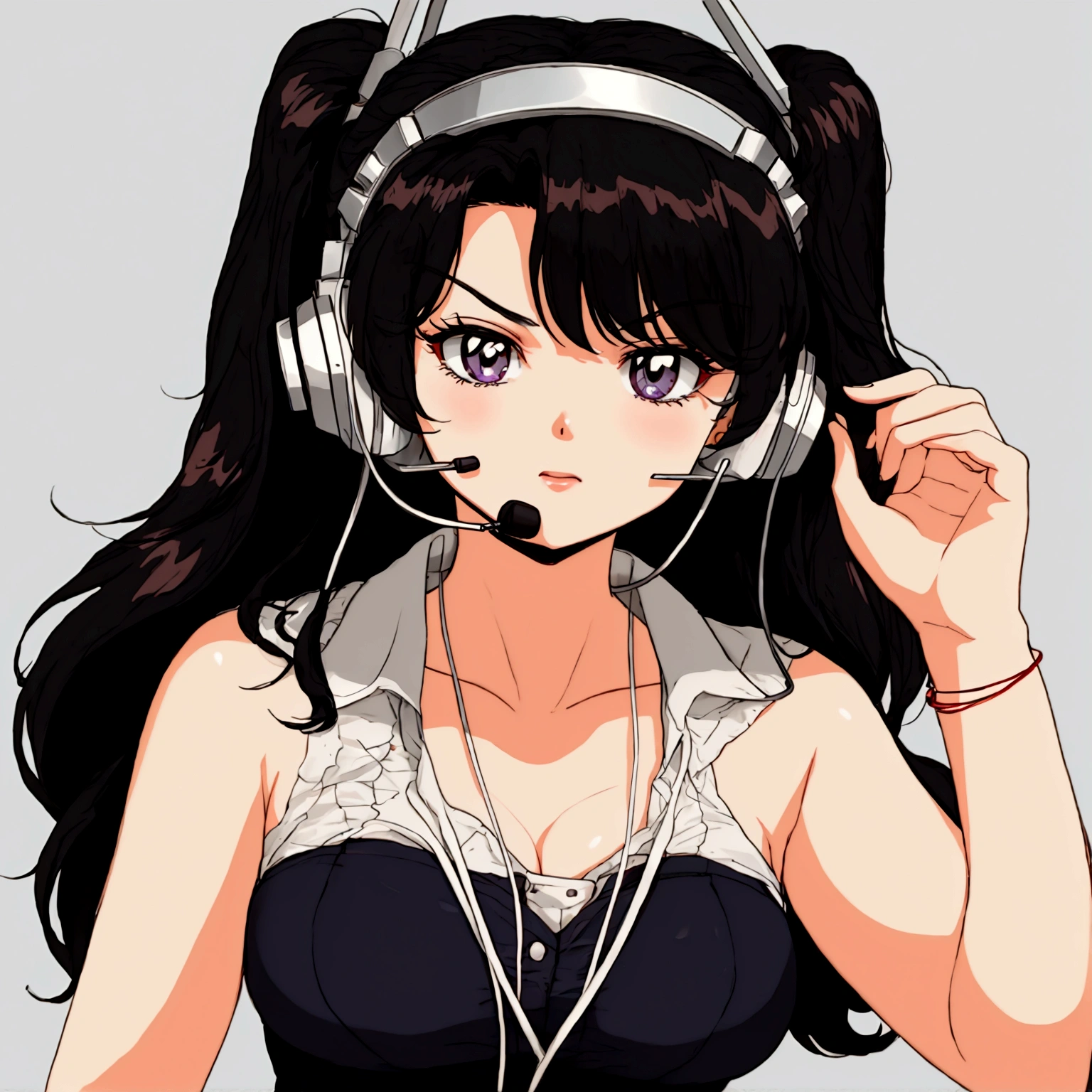 an anime girl with an angry expression, 80s style wearing a telemarketing headset