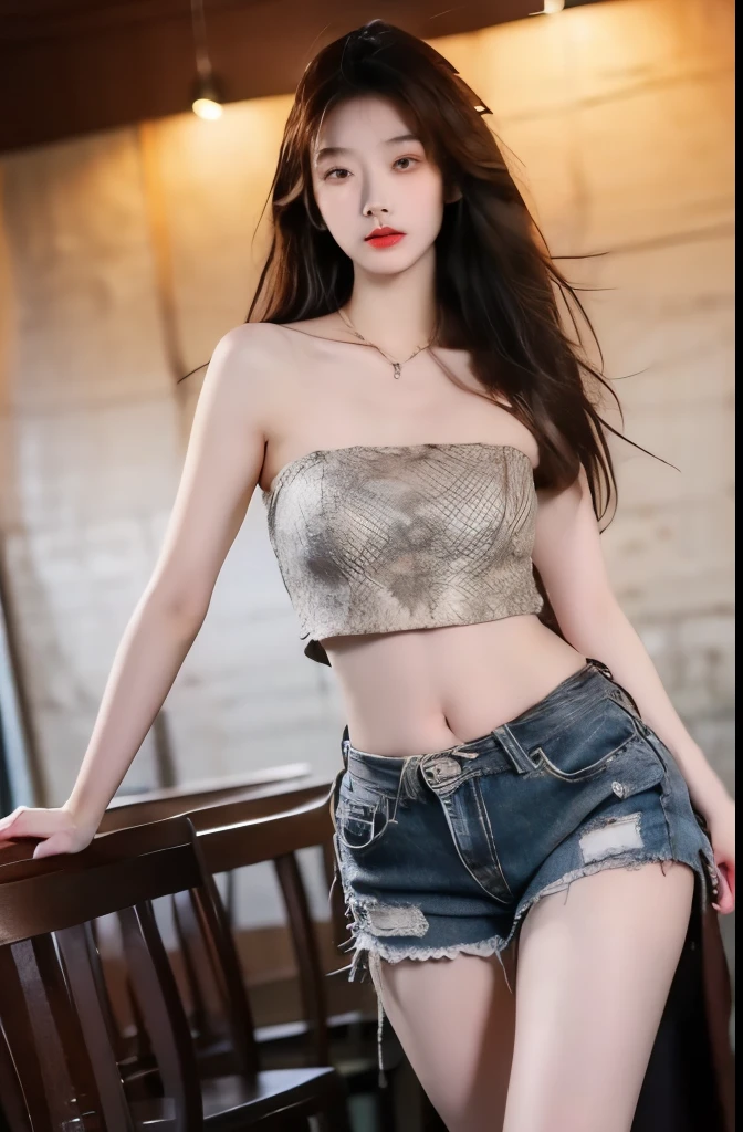 Beautiful woman with perfect body:1.4,Layered Hairstyle,Highly detailed face and skin textures,Double eyelids,Skin Whitening,Long hair,Whitened long legs,(Tube Top,Collar),Standing in the classroom