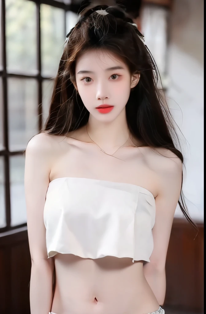 Beautiful woman with perfect body:1.4,Layered Hairstyle,Highly detailed face and skin textures,Double eyelids,Skin Whitening,Long hair,Whitened long legs,(Tube Top,Collar),Standing in the classroom