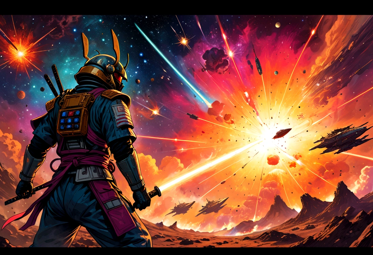 cosmic astronaut samurai, epic space battle, gritty, 1980s heavy metal style, space ships, blasts, explosions, sense of movement and energy, intense, too real, high tension, maximal, nuanced, expressive, rough-sketch