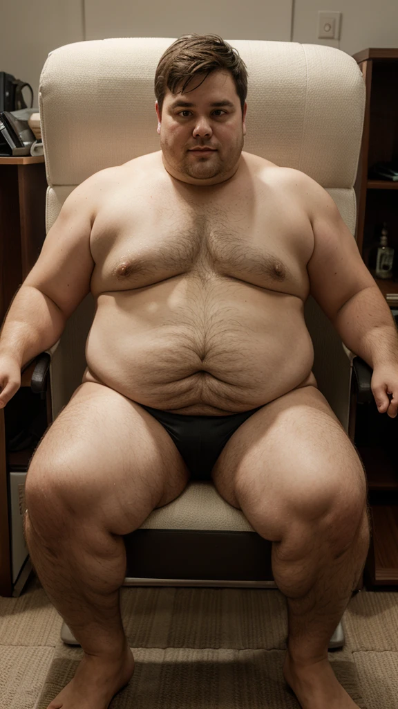 Create an image of a chubby man in underwear, seated in a chair 