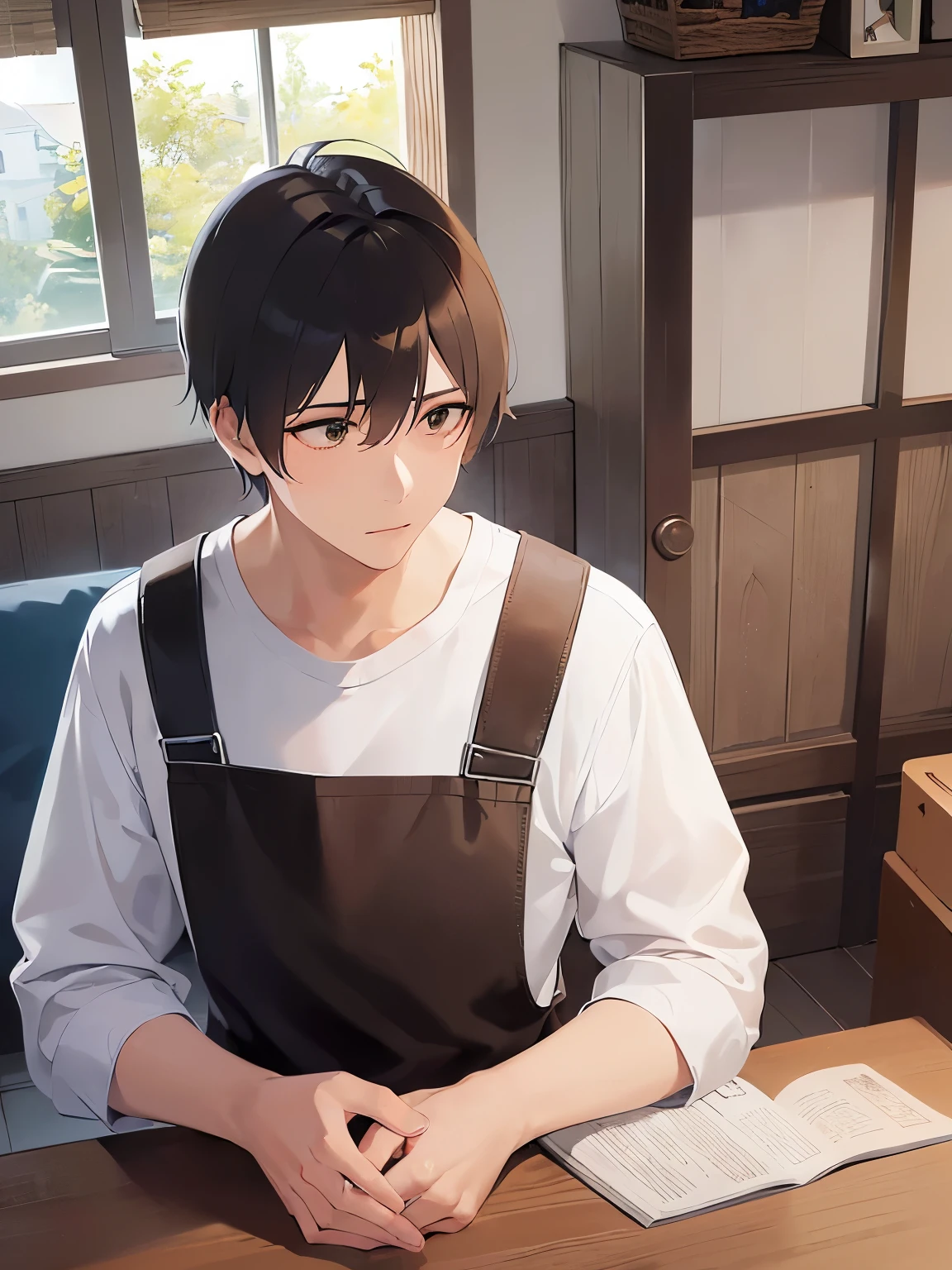 upper body,(looking away:1.5), shiny skin,masterpiece、Highest quality、(25-year-old male:1.5) and (Brown short hair) and (Green Eyes),(whiteTshirt:1.5),The background is the living room,(alone:1.5)、(alone:1.5)、apron,Putting away dishes