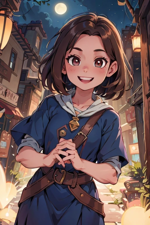 perfect face, perfect hands. A brown haired young witch with copper eyes in a navy is practicing magic at night with a smile
