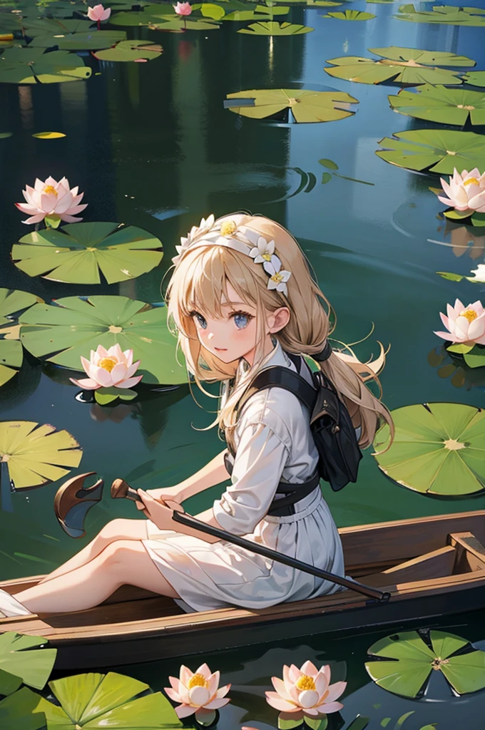 Little girl rowing in lotus pond