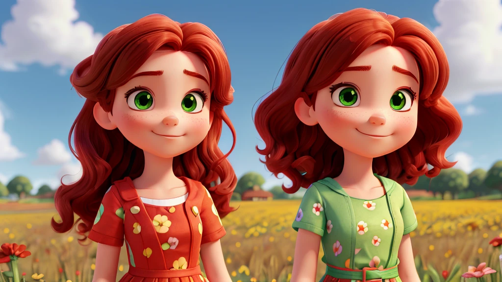 Pixar 3D drawing style and kawaii style, a single young woman in the image with wavy red hair and expressive green eyes, she is looking straight ahead facing the center of the image, she looks happy, she wears a dress with a flower print, there is a flower field background, depth of field, clear sunny day, high definition, high resolution, intricate details