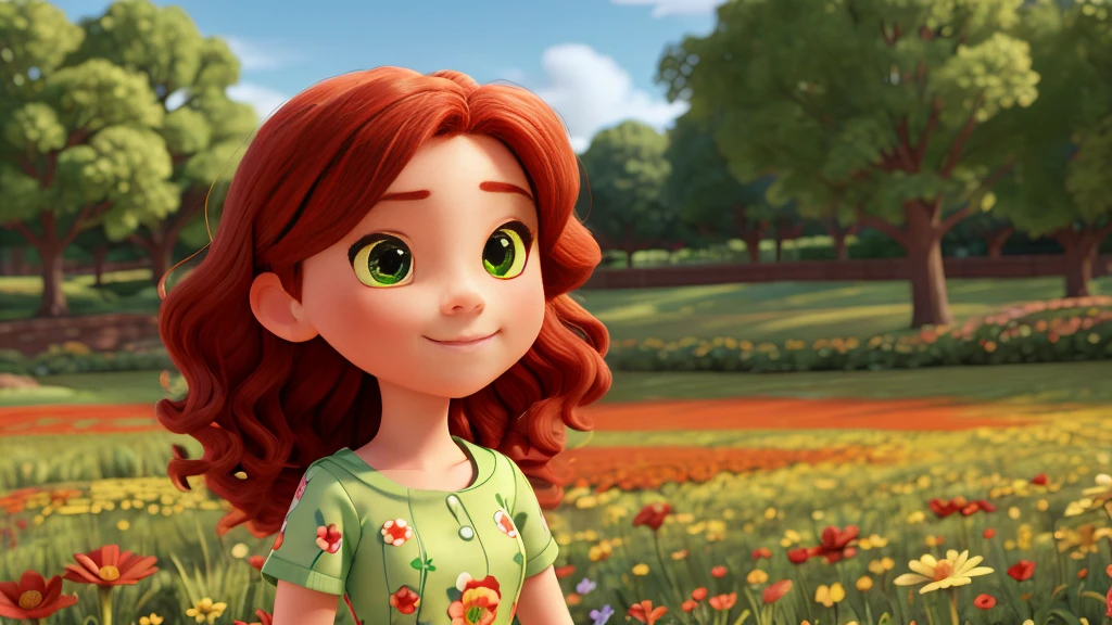 Pixar 3D drawing style and kawaii style, a single young woman in the image with wavy red hair and expressive green eyes, she is looking straight ahead facing the center of the image, she looks happy, she wears a dress with a flower print, there is a flower field background, depth of field, clear sunny day, high definition, high resolution, intricate details