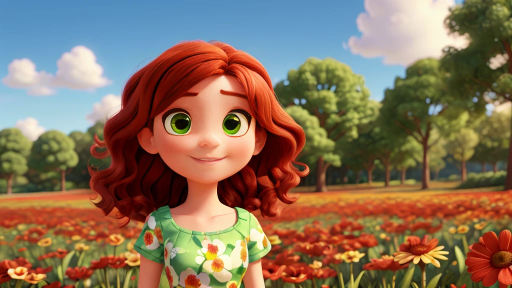 Pixar 3D drawing style and kawaii style, a single young woman in the image with wavy red hair and expressive green eyes, she is looking straight ahead facing the center of the image, she looks happy, she wears a dress with a flower print, there is a flower field background, depth of field, clear sunny day, high definition, high resolution, intricate details