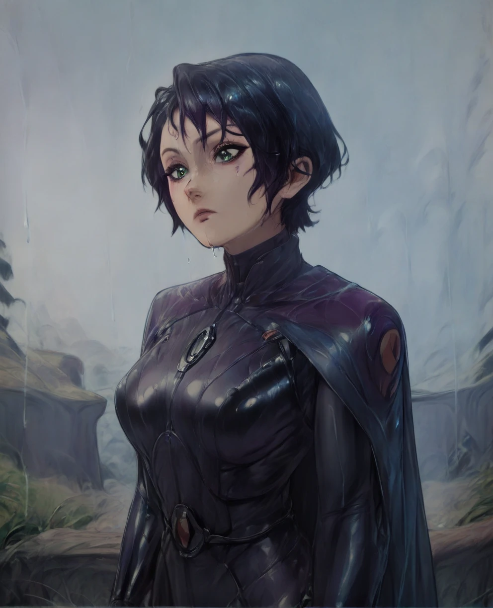 score_9,score_8_up,score_7_up,score_6_up, Trilla,green eyes,black hair, upper body, wet, armor,gloves,black bodysuit,black cape,belt,rain, science fiction,sith base, star wars, outdoors, rain, solo,fflixbag
wearing armor
sabine wren
