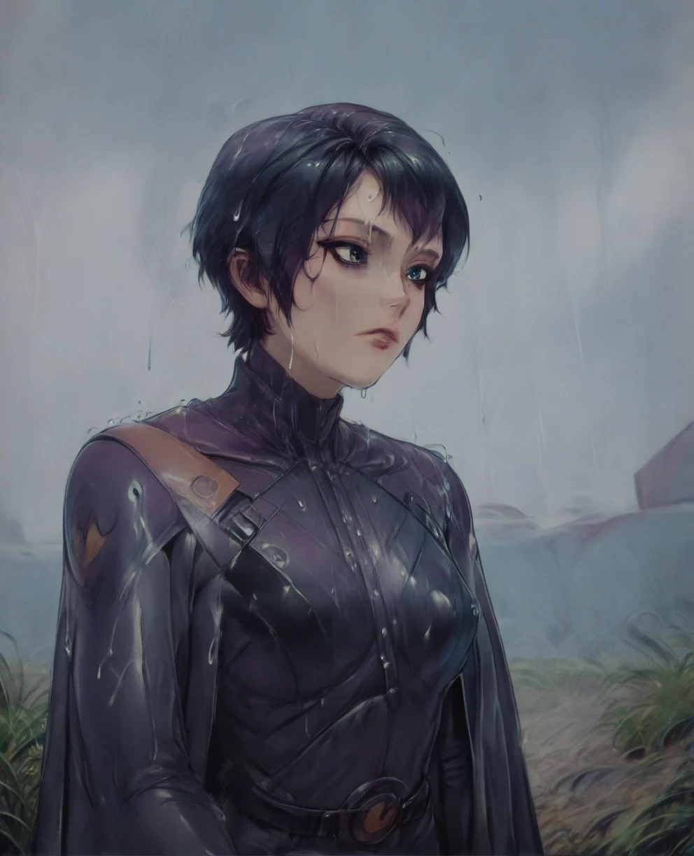 score_9,score_8_up,score_7_up,score_6_up, Trilla,green eyes,black hair, upper body, wet, armor,gloves,black bodysuit,black cape,belt,rain, science fiction,sith base, star wars, outdoors, rain, solo,fflixbag
wearing armor
sabine wren
